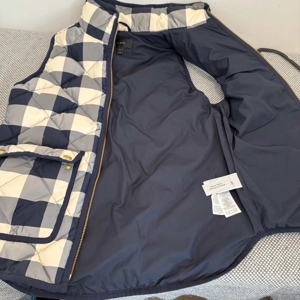 J Crew Excursion Quilted Puffer Vest Jacket Women Blue Buffalo Plaid Sz XS